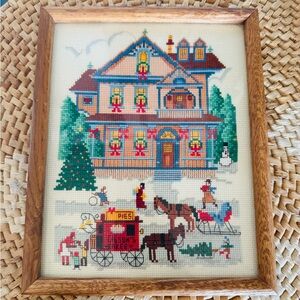 Vintage handmade cross stitch old time home art/ cottage core home art decor